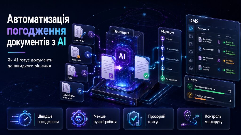 Схема автоматизації погодження документів з AI, де договори, рахунки й акти проходять перевірку, маршрутизацію та контроль статусів у DMS.