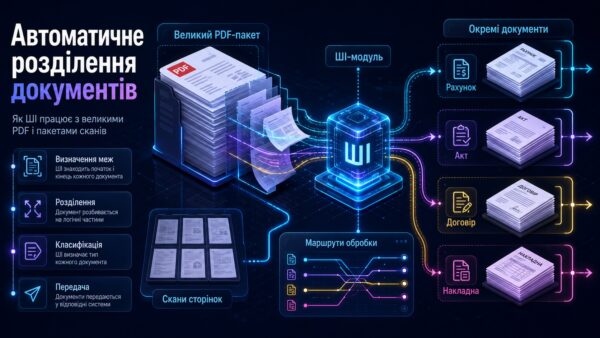 Схема автоматичного розділення великого PDF-пакета на рахунки, акти, договори та накладні за допомогою ШІ для статті про IDP.