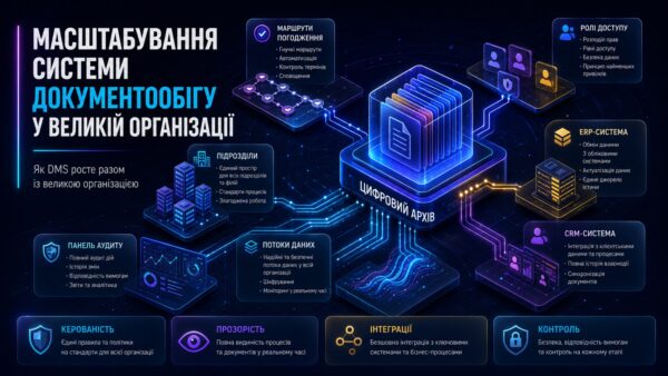 Схема корпоративної DMS-платформи з маршрутами погодження, ролями доступу, інтеграціями та електронним архівом для статті про масштабування системи документообігу.
