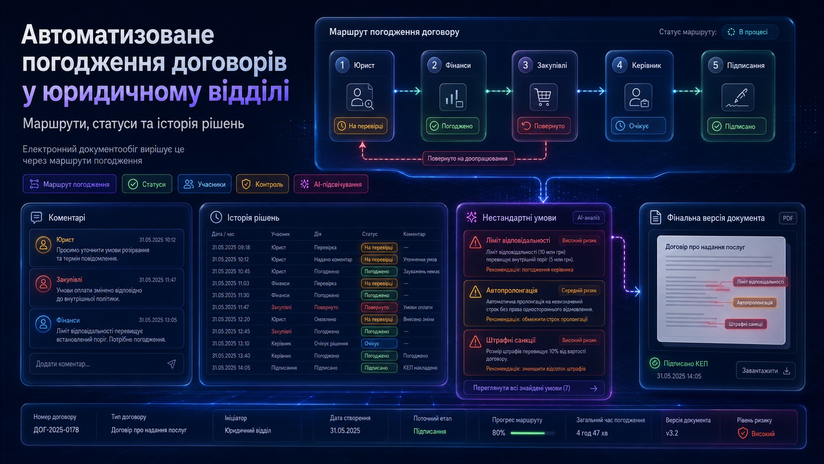 Електронний архів юридичних документів із версіями договорів, правами доступу, додатками та пошуком за змістом.