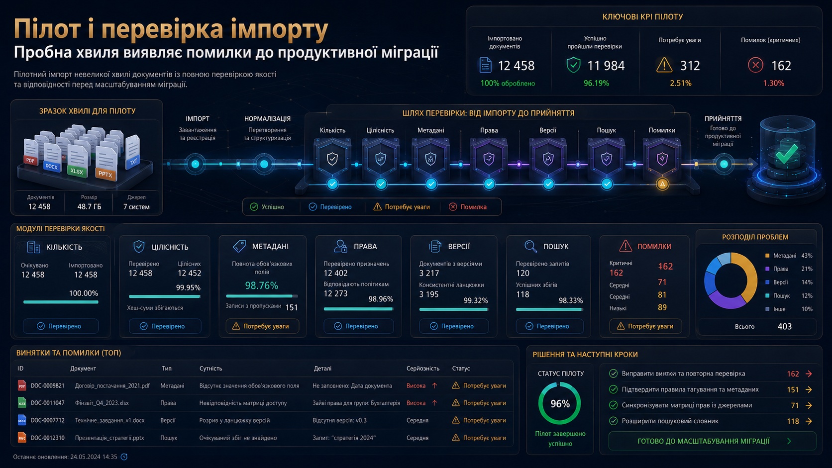 Пілотна перевірка міграції за кількістю, цілісністю, метаданими, правами, версіями та пошуком