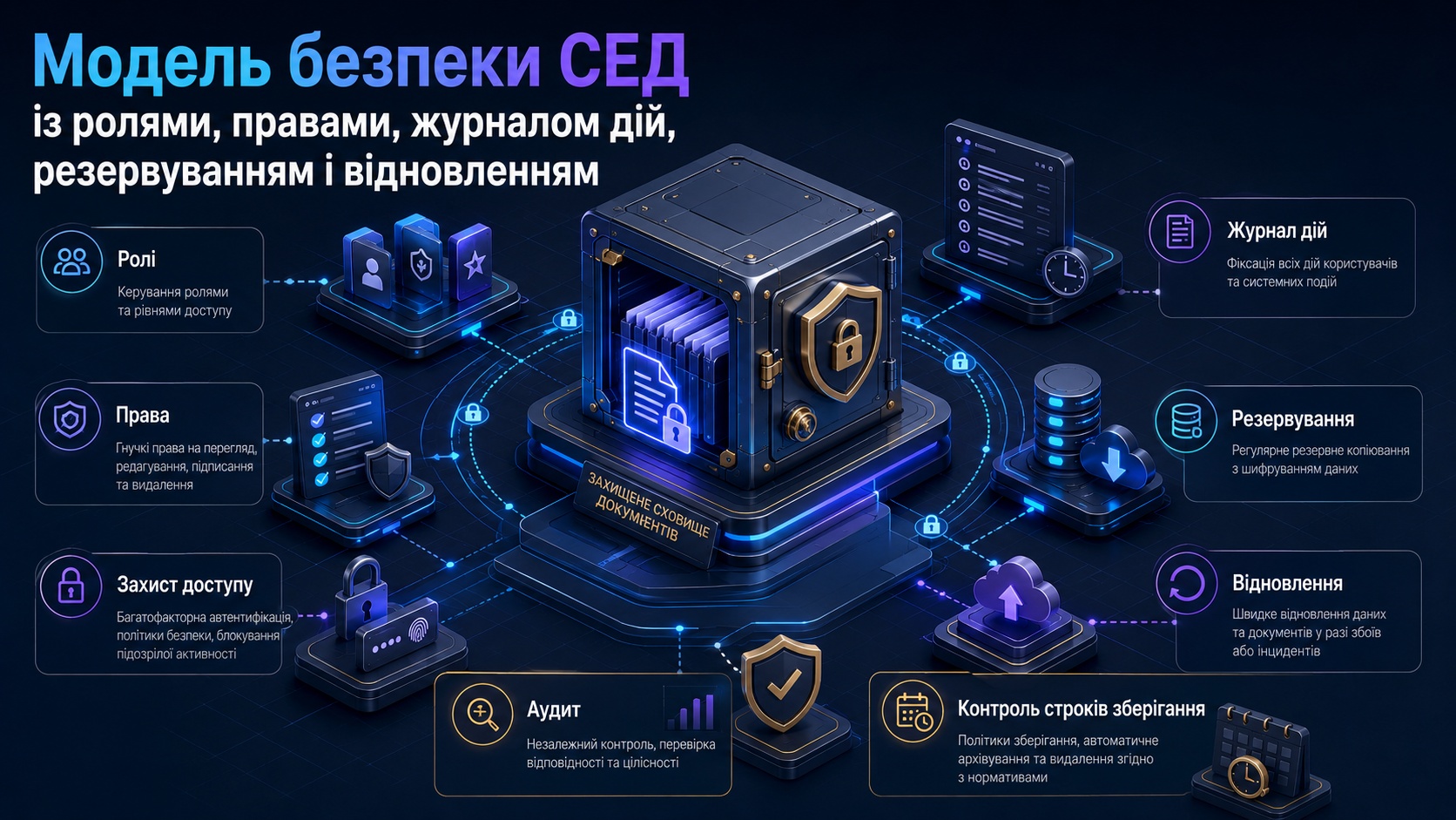 Модель безпеки СЕД із ролями, правами, журналом дій, резервуванням і відновленням