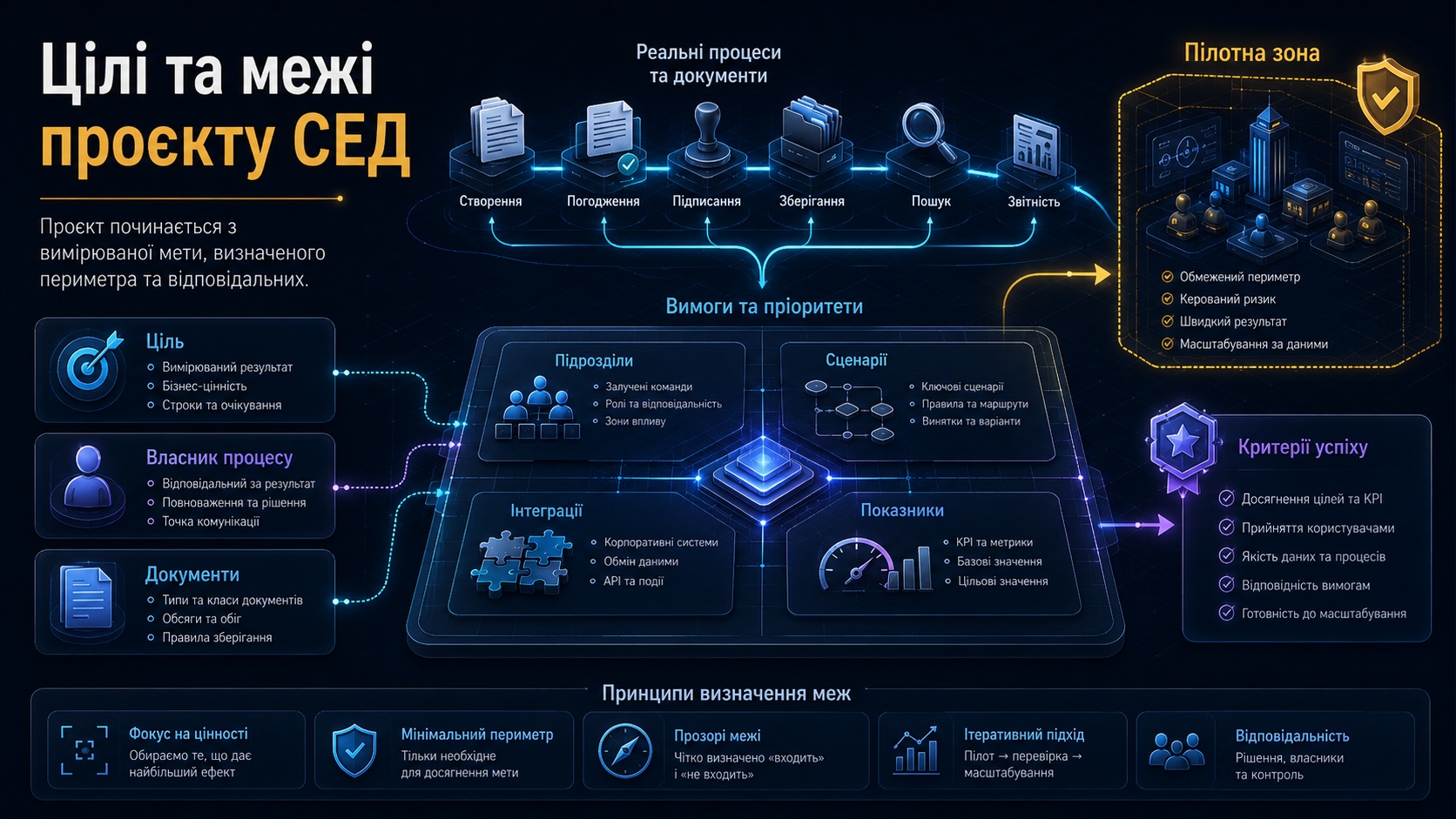 Карта цілей, периметра, власників процесів, документів, інтеграцій і показників проєкту СЕД