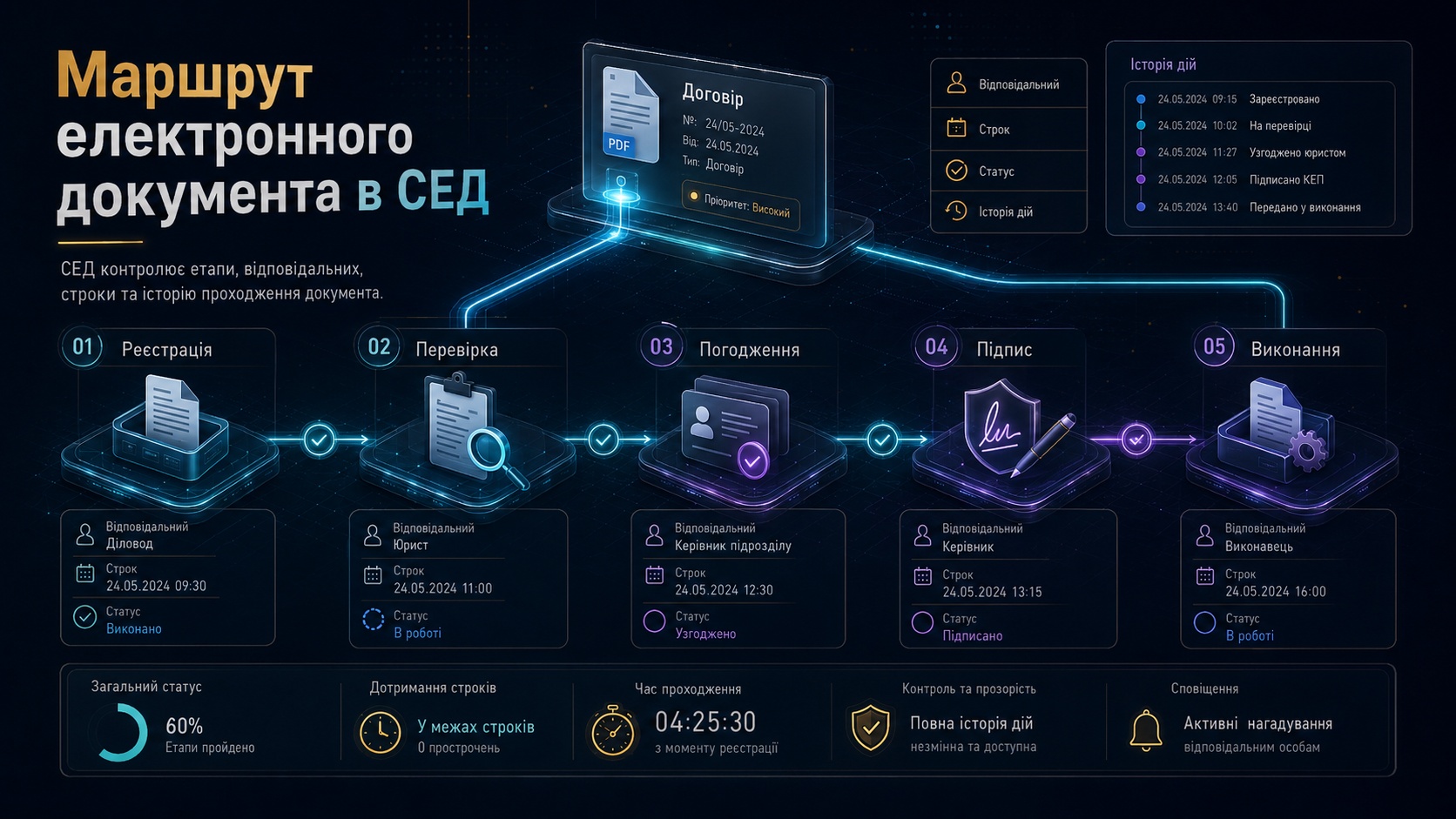 Договір проходить реєстрацію, перевірку, погодження, підписання та контроль виконання